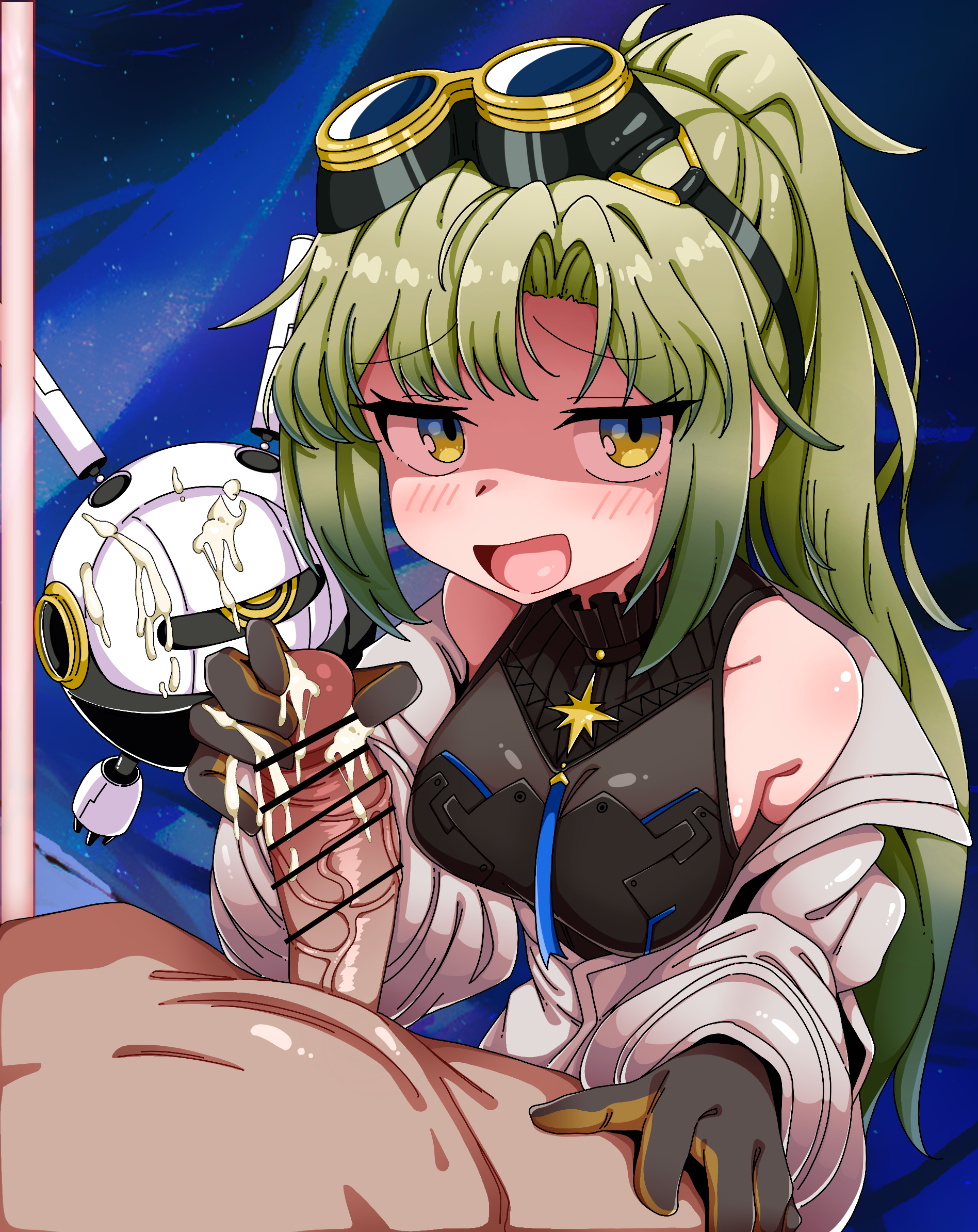 maigo no haien, arcaea, highres, 1girl, after handjob, bar censor, bare shoulders, bdsm, black gloves, black shirt, black skirt, breasts, censored, cum, curtained hair, femdom, glansjob, gloved handjob, gloves, goggles, green hair, handjob, high ponytail, jacket, leather, leather skirt, medium breasts, medium hair, mesugaki, nonoka (arcaea), penis milking, ponytail, pov, sadism, seductive smile, see-through clothes, shirt, skirt, smile, solo, two-tone gloves, white jacket, white sleeves, yellow eyes, yellow gloves