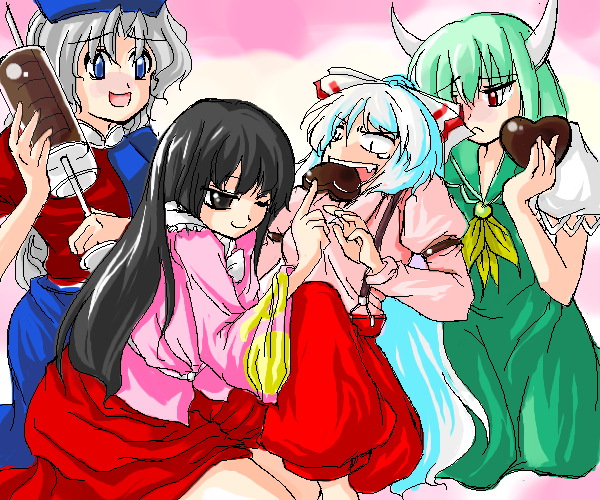 kurinton, ex-keine, fujiwara no mokou, houraisan kaguya, kamishirasawa keine, yagokoro eirin, touhou, 4girls, :<, candy, chocolate, chocolate heart, feeding, female focus, food, heart, horns, multiple girls, one eye closed, open mouth, oversized object, sketch, syringe, valentine, you gonna get raped