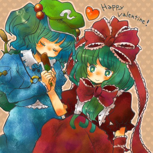 korona, kagiyama hina, kawashiro nitori, touhou, 2girls, cucumber, female focus, front ponytail, hair bobbles, hair ornament, happy valentine, multiple girls, two side up, valentine