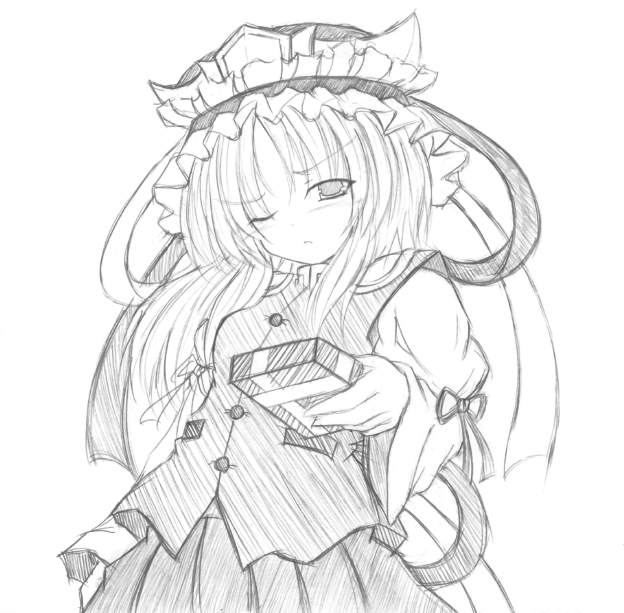 shiki eiki, touhou, eyebrows, 1girl, box, buttons, female focus, gift, gift box, greyscale, hat, long hair, long sleeves, looking at viewer, monochrome, one eye closed, ribbon, sidelocks, simple background, skirt, solo, vest, white background, wide sleeves