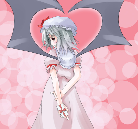 kukyo, remilia scarlet, touhou, 1girl, bat wings, blush, female focus, gift, grey hair, heart, short hair, smile, solo, valentine, wings