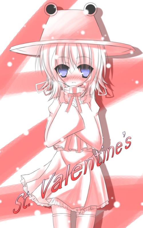 futase hijiri, moriya suwako, touhou, 1girl, blue eyes, female focus, hat, monochrome, skirt, solo, spot color, thighhighs, valentine, white background