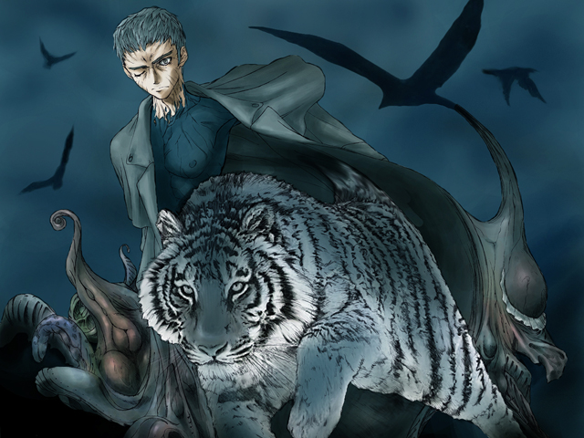 nrvnqsr chaos, tsukihime, tagme, 00s, male focus, monster, pale skin, tiger