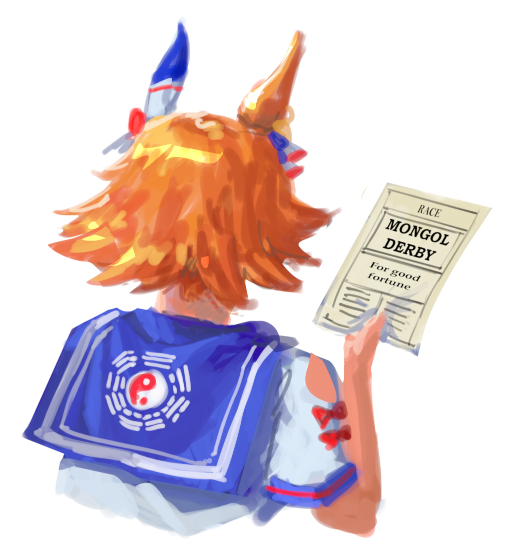 typeproton, matikanefukukitaru (umamusume), umamusume, commentary request, 1girl, animal ears, blue sailor collar, clothing cutout, clover hair ornament, daruma doll, ear covers, flipped hair, four-leaf clover hair ornament, from behind, hair ornament, holding, holding paper, horse ears, horse girl, orange hair, paper, sailor collar, shirt, short hair, short sleeves, shoulder cutout, simple background, single ear cover, solo, upper body, white background, white shirt