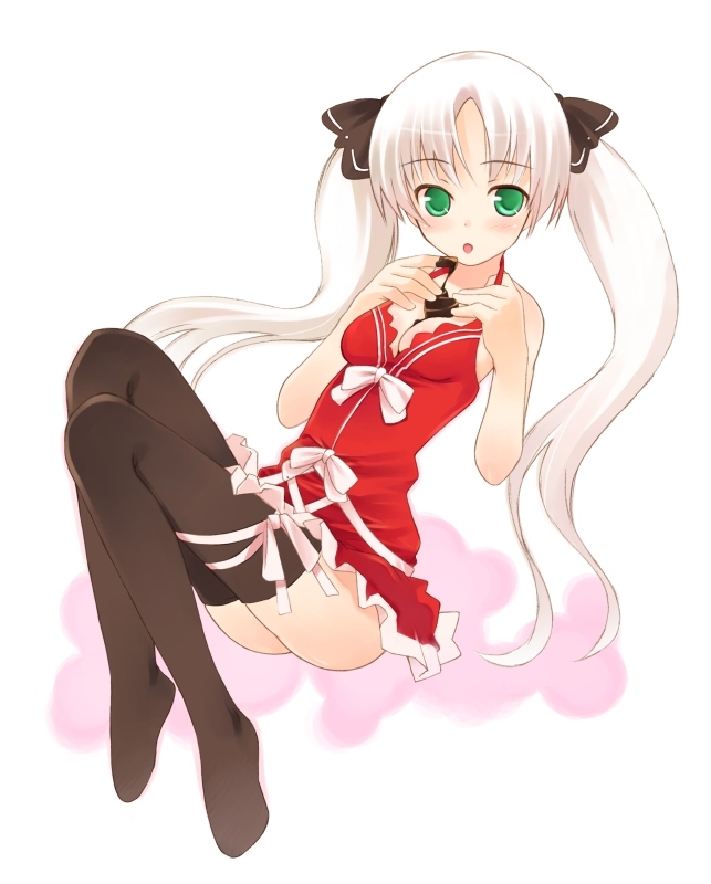 kurasuke, original, 1girl, black thighhighs, breasts, chocolate, cleavage, dress, female focus, green eyes, halterneck, long hair, looking at viewer, ribbon, small breasts, solo, thighhighs, twintails, valentine, white hair, zettai ryouiki