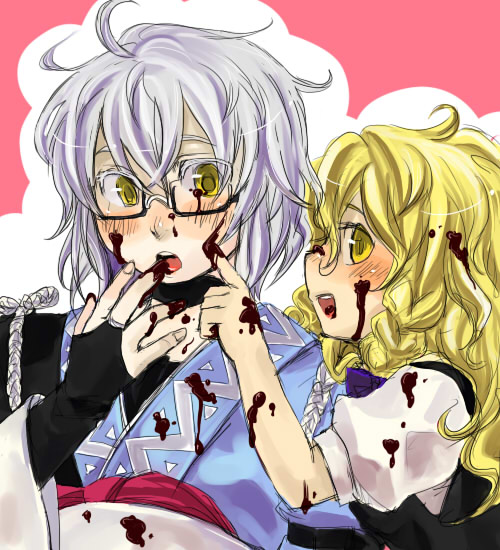 ono mochiko, kirisame marisa, morichika rinnosuke, curiosities of lotus asia, touhou, silver hair, 1boy, 1girl, blonde hair, blush, chocolate, chocolate on face, couple, food, food on face, glasses, hetero, long hair, open mouth, short hair, simple background, upper body, valentine, yellow eyes