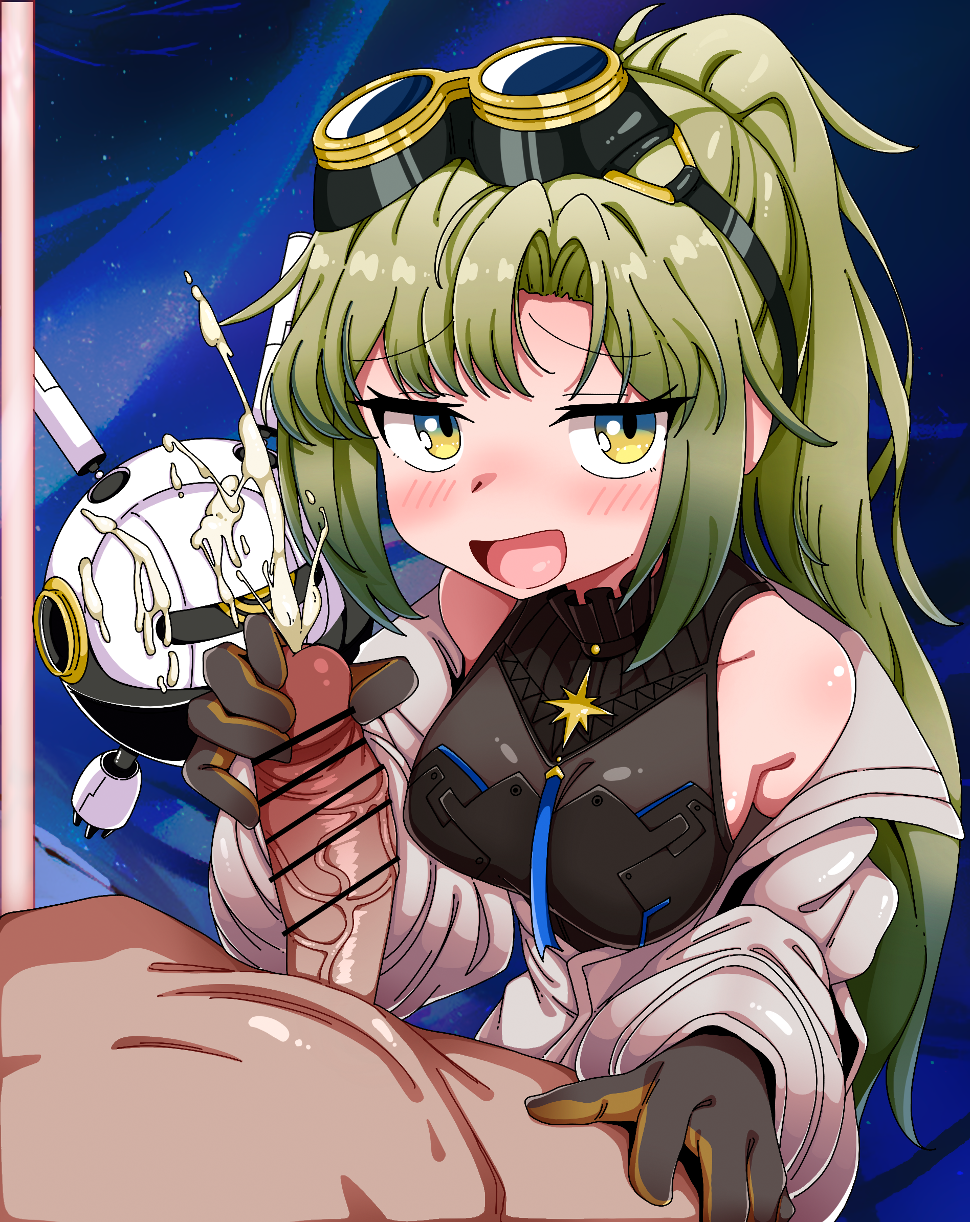 maigo no haien, arcaea, highres, 1girl, bar censor, bare shoulders, bdsm, black gloves, black shirt, black skirt, blush, breasts, censored, cum, curtained hair, femdom, glansjob, gloved handjob, gloves, goggles, green hair, handjob, high ponytail, jacket, leather, leather skirt, medium breasts, medium hair, mesugaki, nonoka (arcaea), penis milking, ponytail, pov, sadism, seductive smile, see-through clothes, shirt, skirt, smile, solo, two-tone gloves, white jacket, white sleeves, yellow eyes, yellow gloves