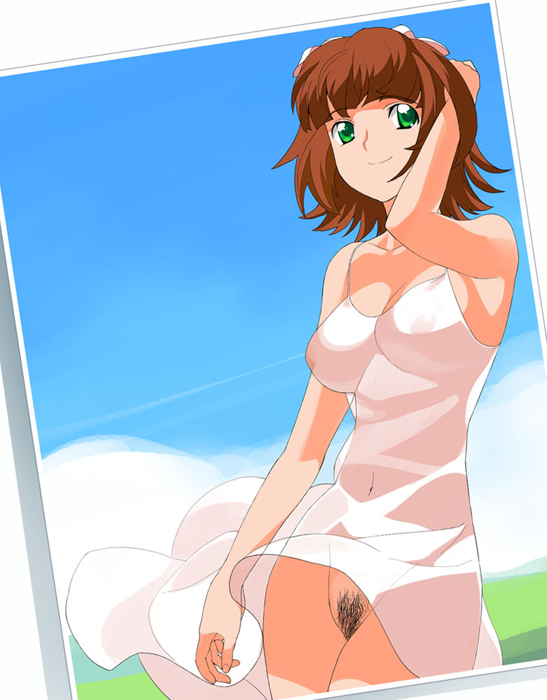 a1 (initial-g), amami haruka, idolmaster, idolmaster (classic), idolmaster 1, 00s, 1girl, brown hair, day, dress, female focus, female pubic hair, green eyes, nipples, no bra, no panties, pubic hair, ribbon, see-through clothes, short hair, solo, sundress, uncensored