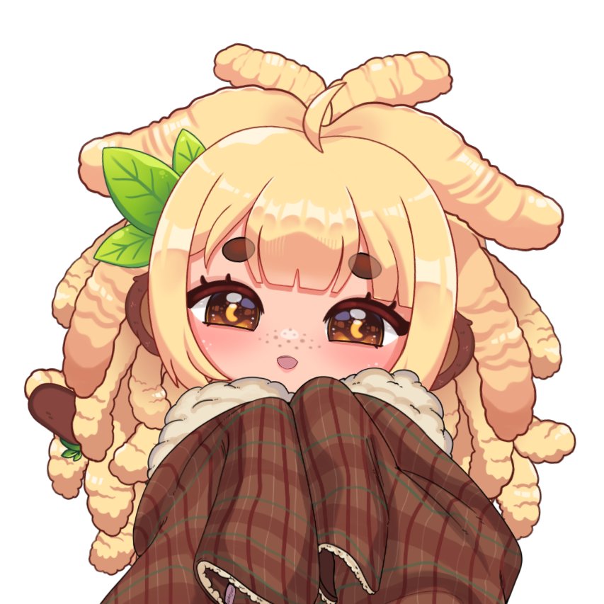 bananajuju, indie virtual youtuber, 1girl, animal ears, blanket, blonde hair, brown eyes, brown tail, dreadlocks, hair ornament, leaf hair ornament, long hair, looking at viewer, monkey ears, monkey girl, monkey tail, plaid blanket, simple background, solo, tail, virtual youtuber, white background