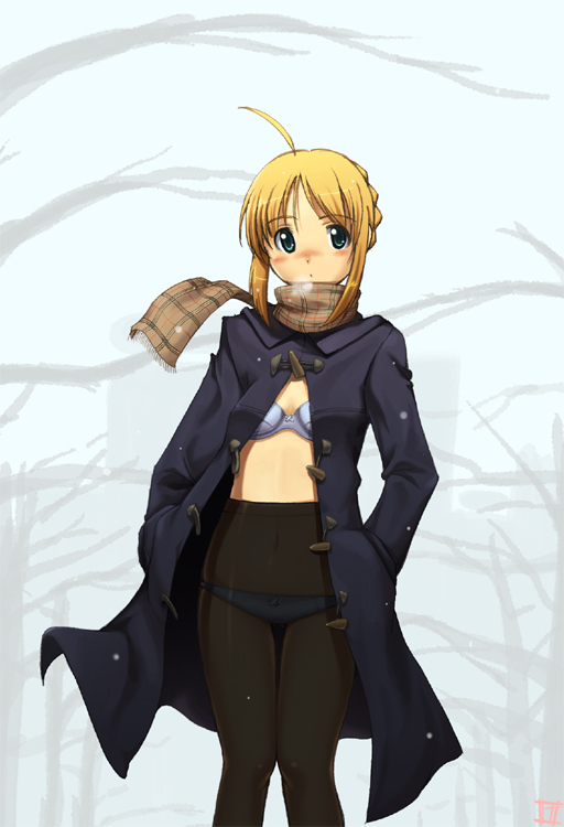 taru neko, artoria pendragon (fate), saber (fate), fate/stay night, fate (series), non-web source, 00s, 1girl, ahoge, alternate costume, blonde hair, blush, bra, coat, female focus, green eyes, lingerie, midriff, open clothes, open coat, panties, panties under pantyhose, pantyhose, plaid clothes, plaid scarf, scarf, solo, underwear