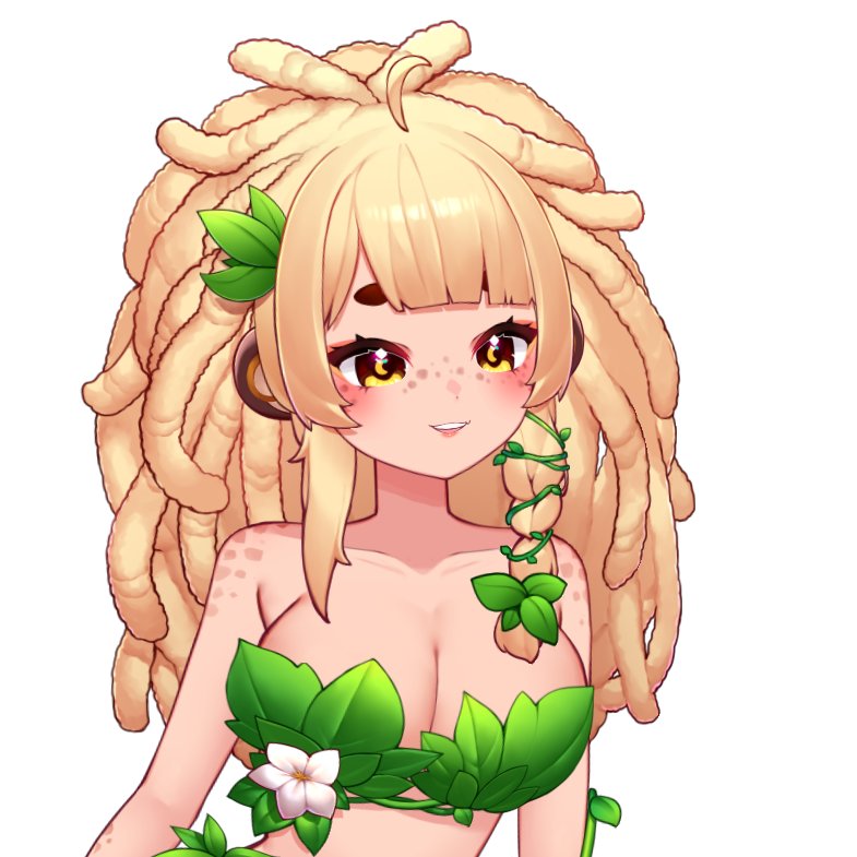 bananajuju, indie virtual youtuber, 1girl, animal ears, blonde hair, brown eyes, dreadlocks, hair ornament, leaf bra, leaf hair ornament, long hair, monkey ears, monkey girl, plant clothing, simple background, solo, upper body, virtual youtuber, white background