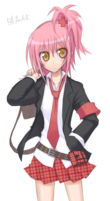 hinamori amu, shugo chara!, eyebrows, 1girl, bag, belt, blazer, cross hair ornament, female focus, hair ornament, jacket, looking at viewer, necktie, open clothes, pink hair, plaid clothes, plaid skirt, ponytail, red necktie, school uniform, shirt, simple background, skirt, solo, standing, white background, white shirt, yellow eyes