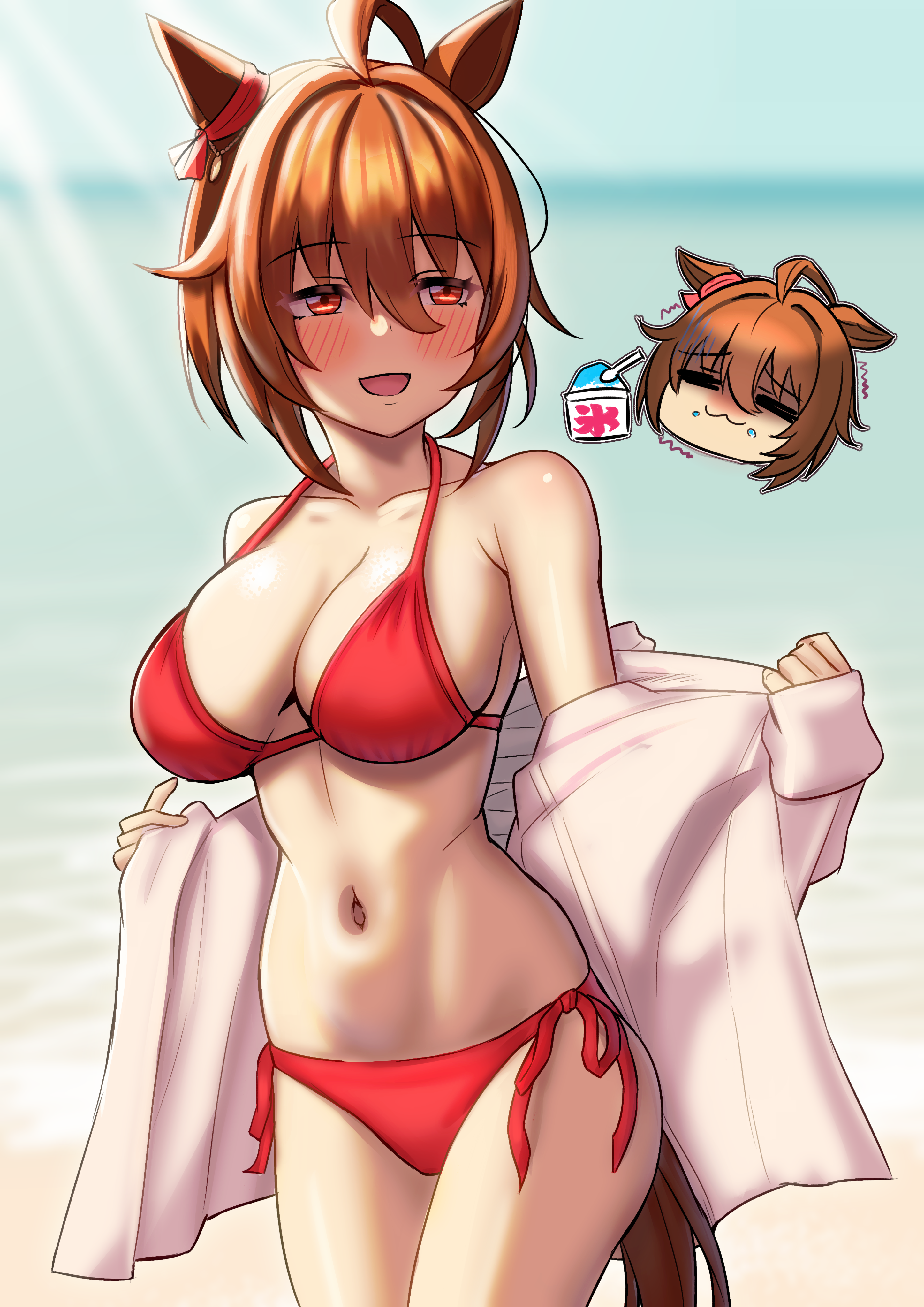 gupunetsu, agnes tachyon (umamusume), umamusume, absurdres, commentary request, highres, 1girl, ahoge, alternate costume, animal ears, bare shoulders, bikini, blurry, blurry background, blush, brain freeze, breasts, brown hair, cleavage, cowboy shot, ear ornament, horse ears, horse girl, horse tail, large breasts, messy hair, navel, nose blush, open mouth, red bikini, short hair, side-tie bikini bottom, smile, solo, solo focus, stomach, swimsuit, tail