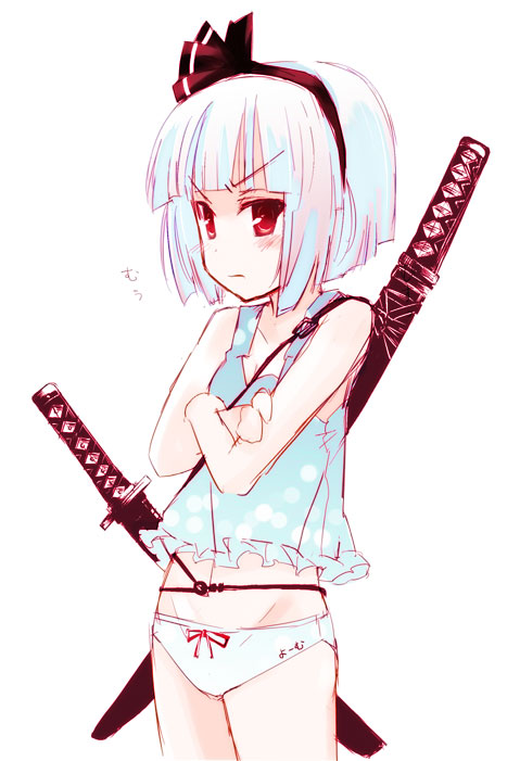 konpaku youmu, touhou, 1girl, blush, female focus, katana, panties, sheath, sheathed, simple background, solo, sword, underwear, weapon, white background