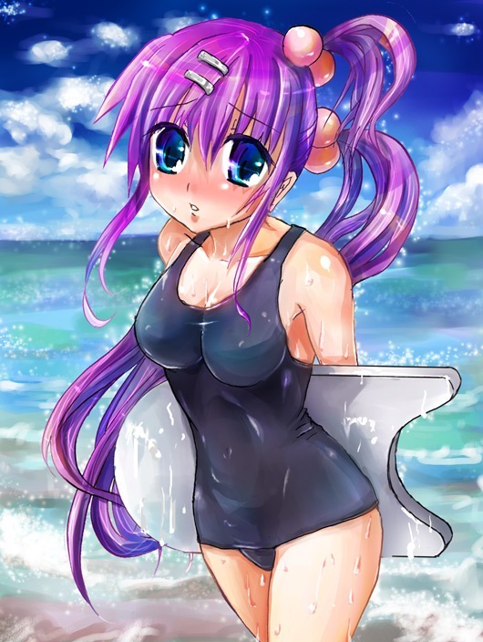 saigusa haruka, little busters!, beach, blue eyes, day, long hair, ocean, one-piece swimsuit, purple hair, school swimsuit, solo, swimsuit, wet, wet clothes