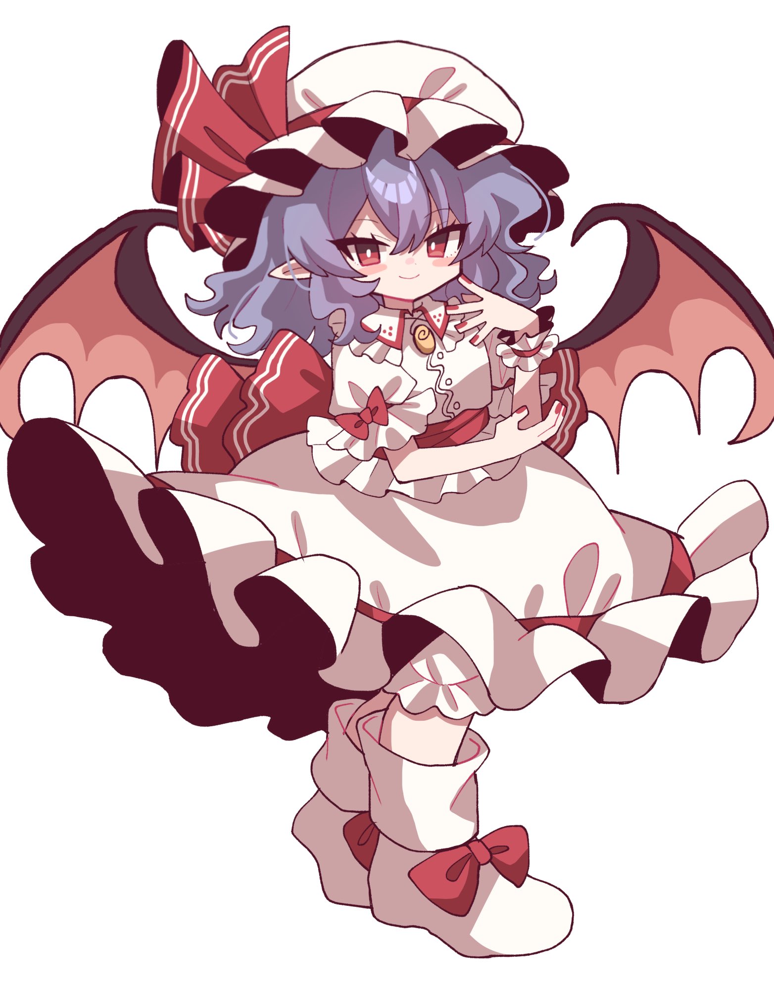 furiba 794, remilia scarlet, touhou, commentary request, highres, 1girl, bat wings, bloomers, blue hair, blush stickers, boots, bow, brooch, collared shirt, footwear bow, frilled skirt, frilled sleeves, frills, full body, hat, jewelry, long hair, looking at viewer, mob cap, nail polish, pointy ears, red eyes, sash, shirt, short sleeves, single wrist cuff, skirt, skirt set, sleeve bow, smile, solo, underwear, waist sash, wings, wrist cuffs
