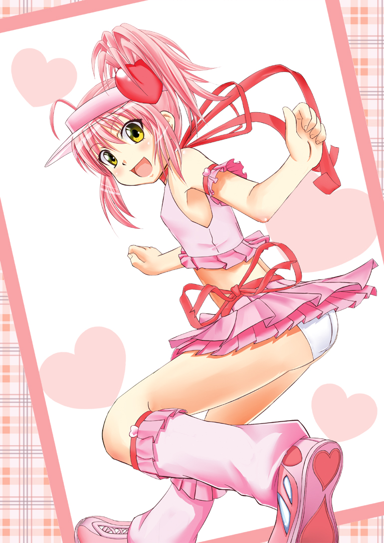 amulet heart, hinamori amu, shugo chara!, 1girl, armband, boots, female focus, hat, heart, loli, loose socks, magical girl, miniskirt, panties, pink boots, red hair, ribbon, skirt, smile, socks, solo, underwear, yellow eyes