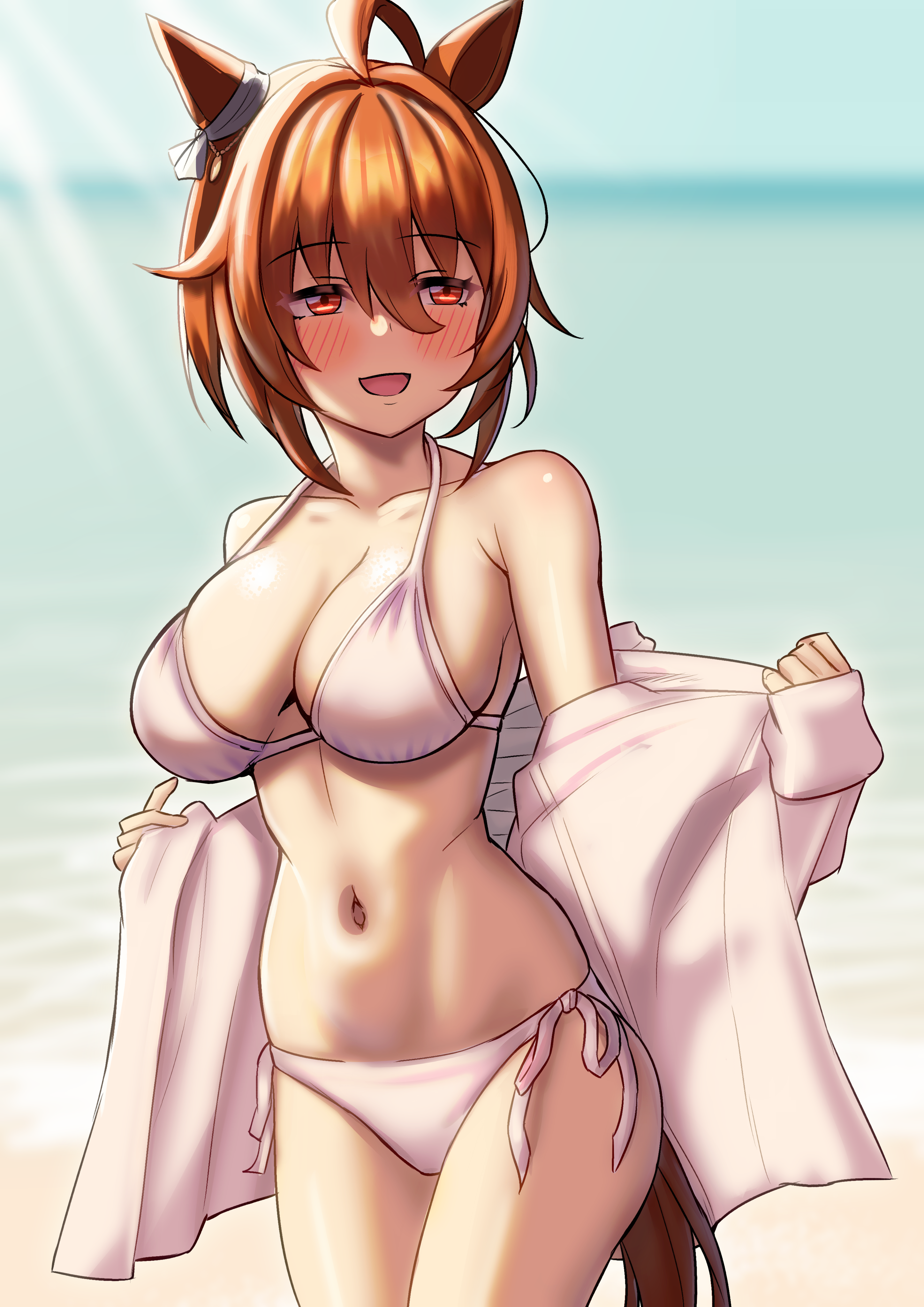 gupunetsu, agnes tachyon (umamusume), umamusume, absurdres, commentary request, highres, 1girl, ahoge, alternate costume, animal ears, bare shoulders, bikini, blurry, blurry background, breasts, brown hair, cleavage, cowboy shot, ear ornament, horse ears, horse girl, horse tail, large breasts, messy hair, navel, open mouth, short hair, side-tie bikini bottom, smile, solo, stomach, swimsuit, tail, white bikini