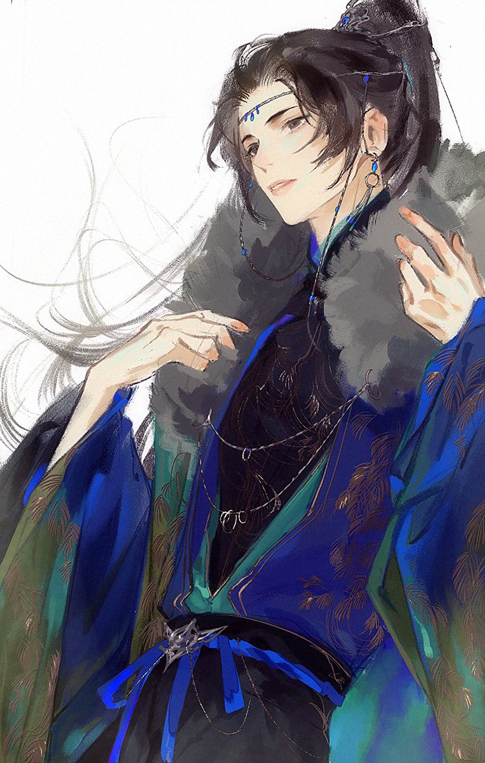kkcoocool, erha he ta de bai mao shizun, silver necklace, 1boy, belt, black eyes, black hair, blue belt, blue gemstone, blue hanfu, chinese clothes, earrings, fur-trimmed robe, fur trim, gem, hands up, hanfu, high ponytail, jewelry, long hair, long sleeves, male focus, open mouth, parted lips, ponytail, robe, sash, solo, white background, wide sleeves, wuxia, xiao guan (headdress), xue meng
