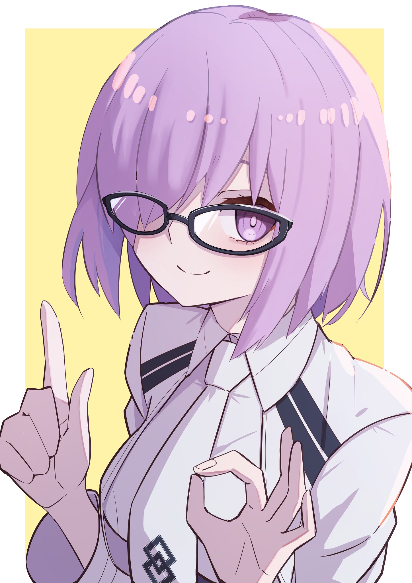 hamao 1, mash kyrielight, fate/grand order, fate (series), commentary, highres, 1girl, border, closed eyes, glasses, index finger raised, jacket, looking at viewer, necktie, official alternate costume, outside border, purple eyes, purple hair, shirt, simple background, smile, white border, white jacket, white necktie, white shirt, yellow background