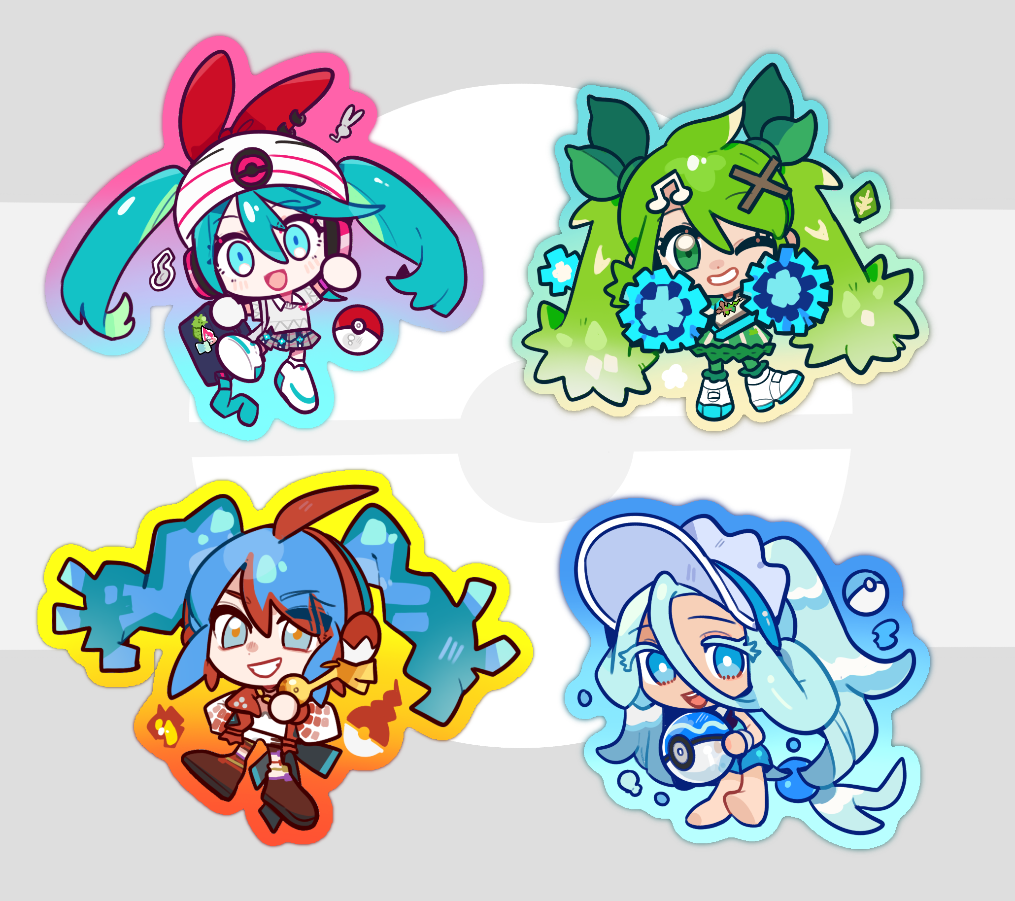 zhenquanxicailan, fire miku (project voltage), grass miku (project voltage), hatsune miku, psychic miku (project voltage), water miku (project voltage), nintendo, pokemon, project voltage, vocaloid, highres, 4girls, ahoge, blue eyes, blue hair, bonnet, chibi, chibi only, dive ball, fire, fortissimo, full body, green eyes, green hair, grey vest, hair between eyes, hair ornament, hat, leaf, long hair, multiple girls, multiple persona, musical note, musical note hair ornament, open mouth, outline, poke ball, pom pom (cheerleading), twintails, very long hair, vest, white hat