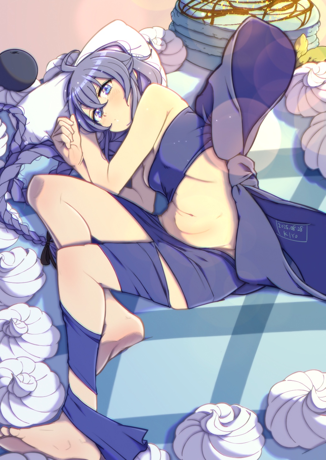 kiyo (a sam ko), roxy migurdia, mushoku tensei, highres, 1girl, blue eyes, blue hair, blue ribbon, braid, breasts, closed mouth, lying, navel, on side, ribbon, small breasts, solo, twin braids