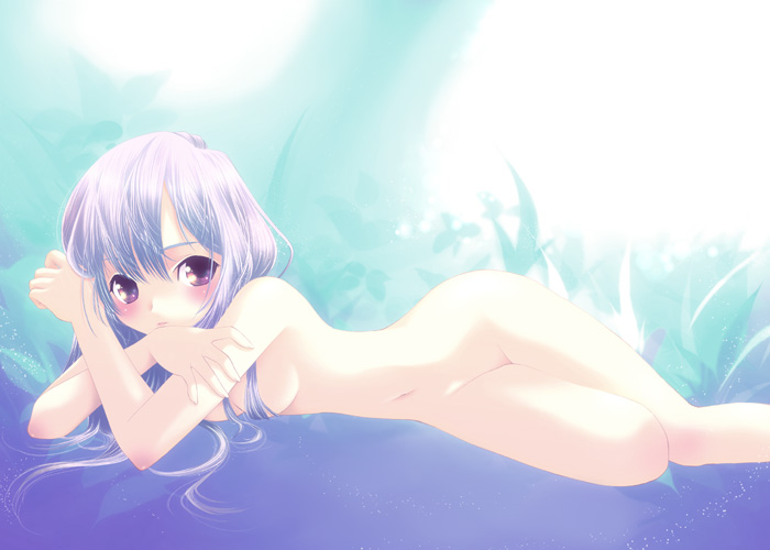 silver hair, 1girl, blush, breasts, censored, convenient censoring, female focus, hair over breasts, legs folded, long hair, lying, nude, on side, purple eyes, purple hair, small breasts, solo, steam