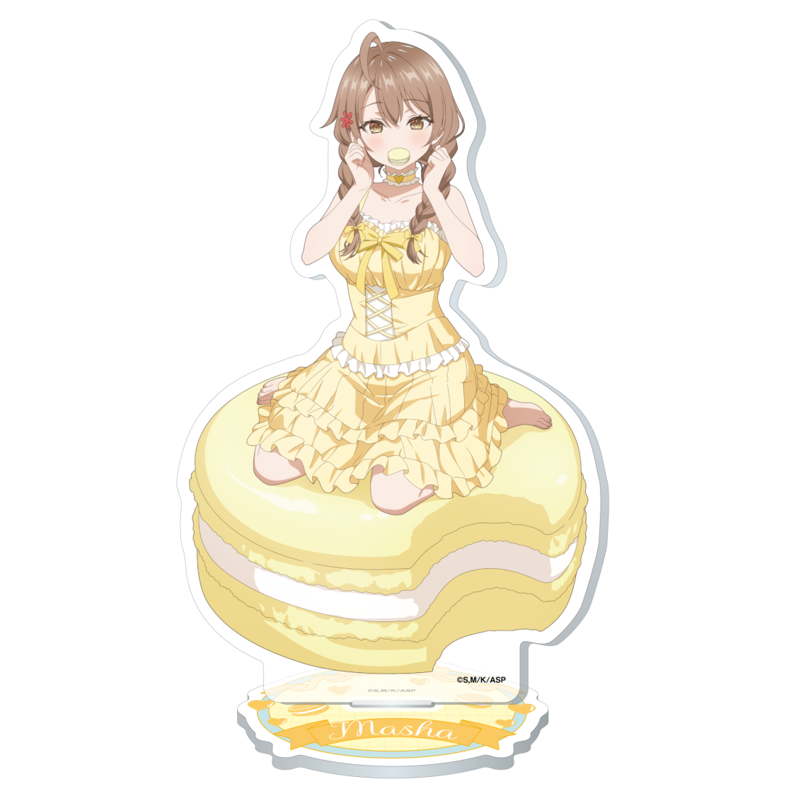 mariya mikhailovna kujou, tokidoki bosotto roshia-go de dereru tonari no alya-san, braided twintails, official art, 1girl, ahoge, bare arms, bare shoulders, barefoot, blush, braid, breasts, brown eyes, brown hair, character name, choker, cleavage, collarbone, copyright notice, dress, flower, food, food in mouth, frilled dress, frills, hair flower, hair ornament, hands up, heart, heart choker, large breasts, long hair, looking at viewer, macaron, mouth hold, outline, simple background, sitting, sleeveless, sleeveless dress, smile, solo, transparent background, wariza, white outline, yellow choker, yellow dress