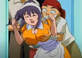 asagiri junko, mizuno kanta, sunabouzu, animated, animated gif, anime screenshot, lowres, 1boy, 1girl, :d, ^ ^, apron, arms up, bandages, bandana, blush, bouncing breasts, breasts, cleavage, closed eyes, grabbing another's breast, grin, groping, happy, hetero, huge breasts, laughing, leaning forward, long hair, maid, maid apron, maid headdress, massage, missing tooth, naughty face, open mouth, ponytail, purple hair, shirt, smile, t-shirt, teeth, tickling, tickling breasts, waitress