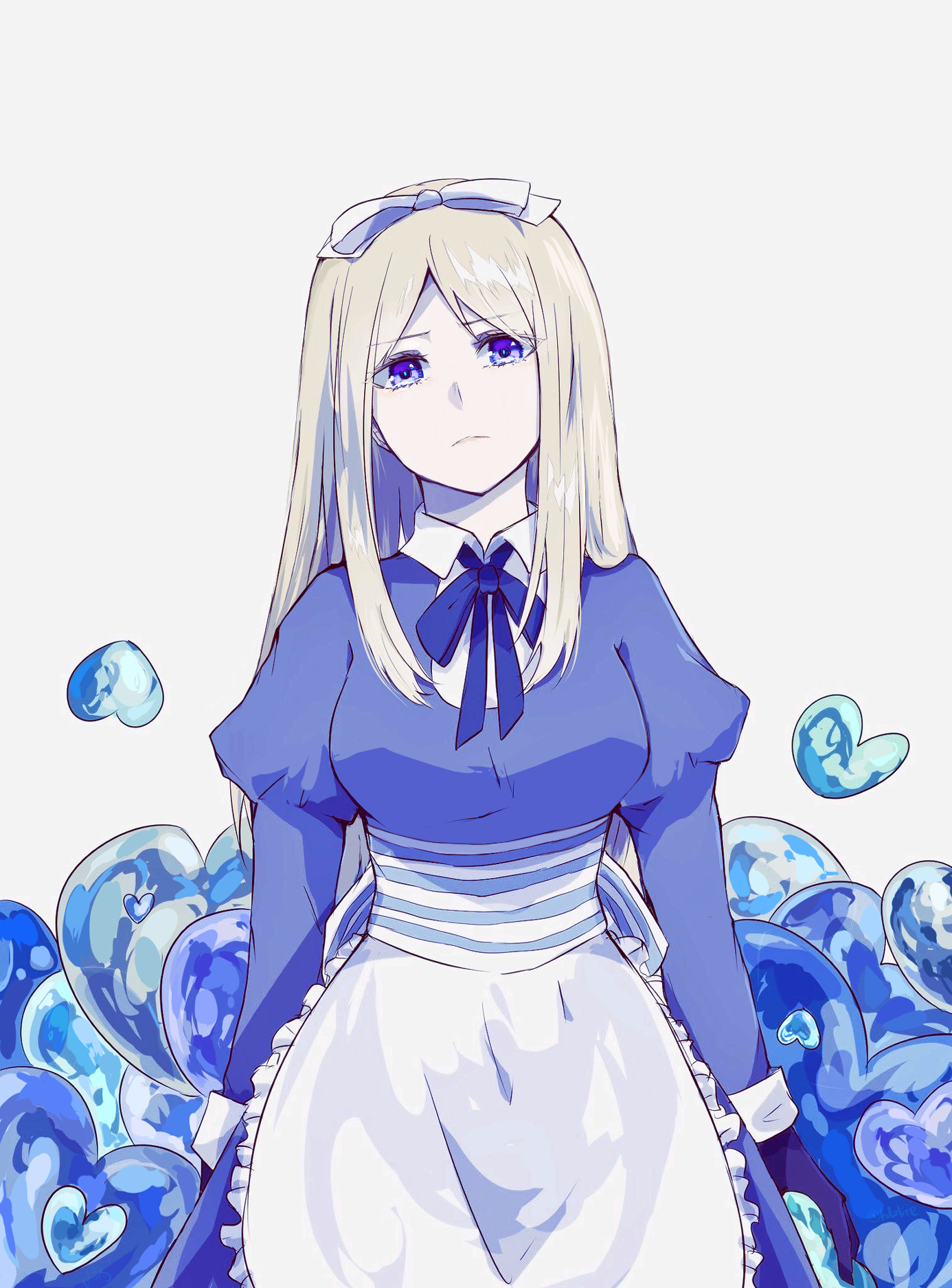 sodamachi, belarus (hetalia), axis powers hetalia, highres, 1girl, apron, back bow, belt, blonde hair, blue bow, blue dress, blue eyes, blue gloves, bow, breasts, closed mouth, collared dress, cowboy shot, dress, frown, gloves, hair bow, heart, heart background, juliet sleeves, lace trim, long hair, long sleeves, looking at viewer, neck ribbon, puffy sleeves, ribbon, simple background, sleeve cuffs, solo, striped belt, striped bow, white apron, white background, white bow, white ribbon
