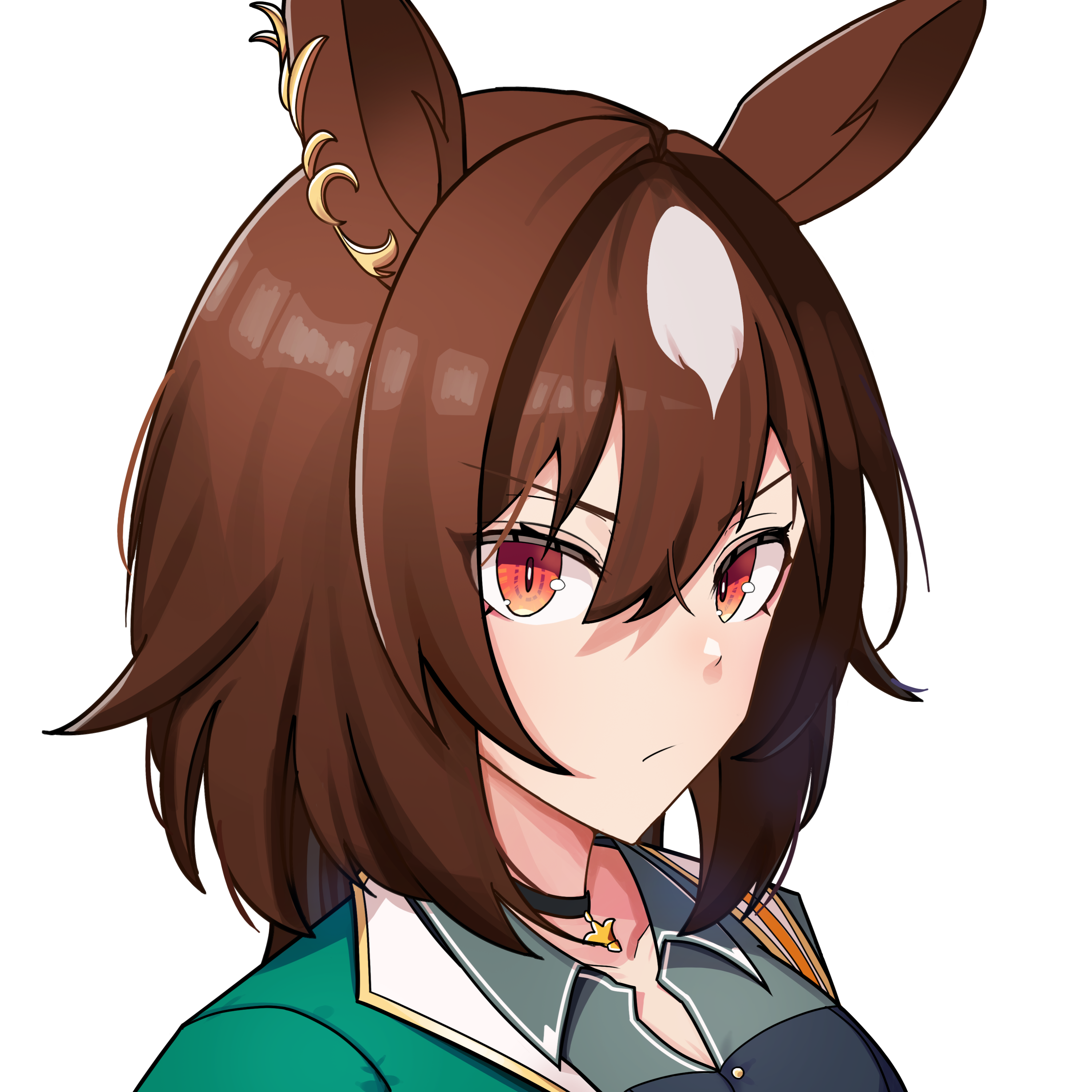 sirius symboli (umamusume), umamusume, absurdres, commentary request, highres, 1girl, :/, animal ears, closed mouth, collared shirt, ear ornament, green jacket, hair between eyes, horse ears, horse girl, jacket, long hair, pendant choker, ppasong05, red eyes, shirt, simple background, solo, upper body, v-shaped eyebrows, white background