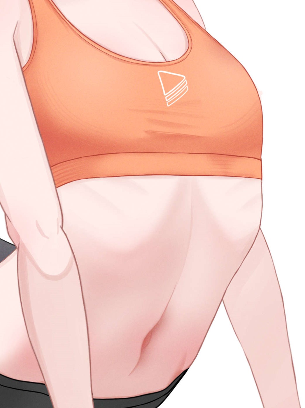 yahnuko, gigi murin, hololive, hololive english, highres, 1girl, breasts, close-up, navel, orange sports bra, small breasts, solo, sports bra, stomach focus, virtual youtuber, white background