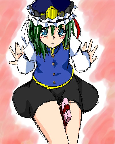 shiki eiki, touhou, lowres, 1girl, blue eyes, blue hat, female focus, green hair, hat, sitting, solo, valentine