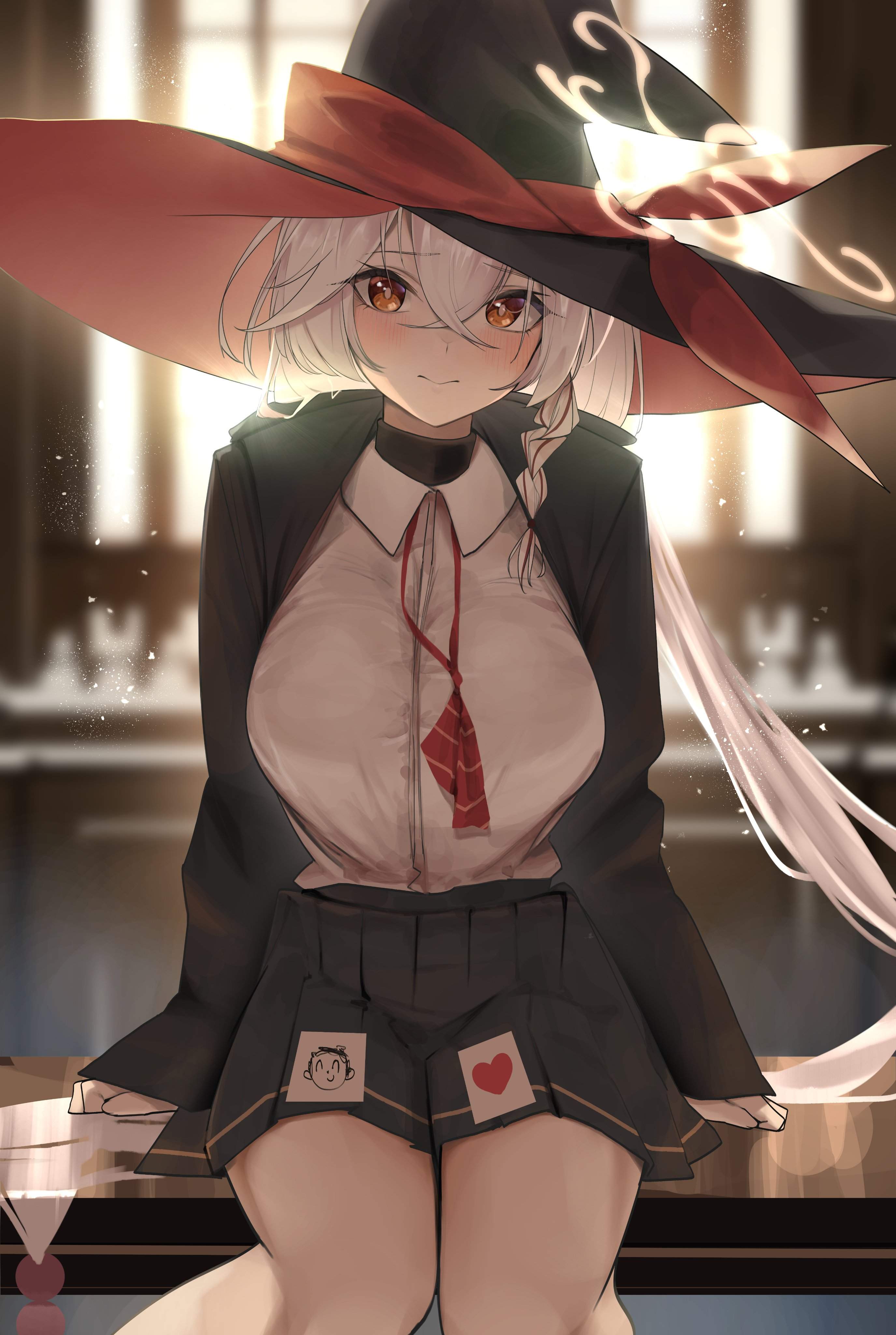 koutannkoburia, doodle sensei (blue archive), eri (blue archive), sensei (blue archive), blue archive, 1girl, blush, bow, bowtie, braid, card, halo, hat, heart, heart print, jacket, long coat, long hair, looking at viewer, loose necktie, necktie, orange eyes, shirt, sitting, sitting on table, skirt, solo, sunlight, sweater, thighs, white hair, window, witch hat