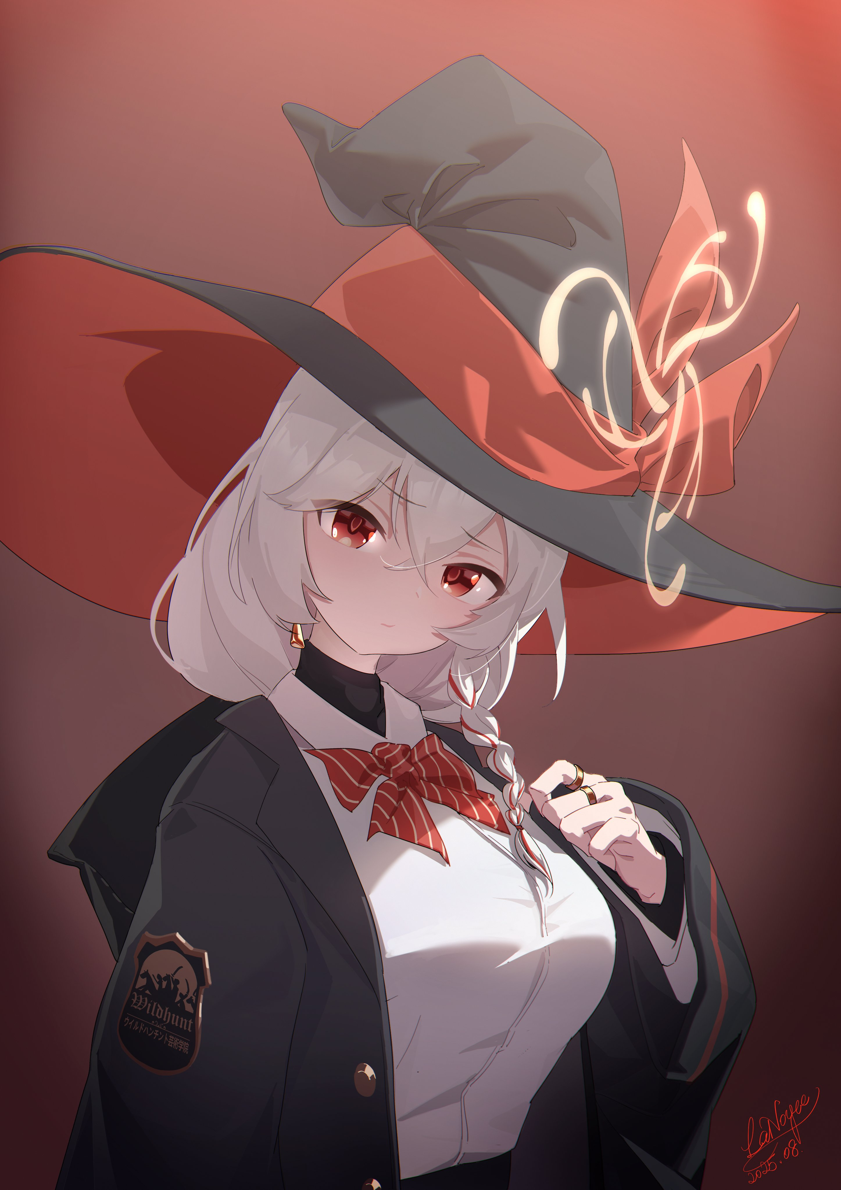 lanoyee, eri (blue archive), blue archive, bow, bowtie, braid, earrings, halo, hat, head tilt, jacket, jewelry, long coat, long hair, orange eyes, red background, shirt, skirt, sweater, upper body, white hair, witch hat