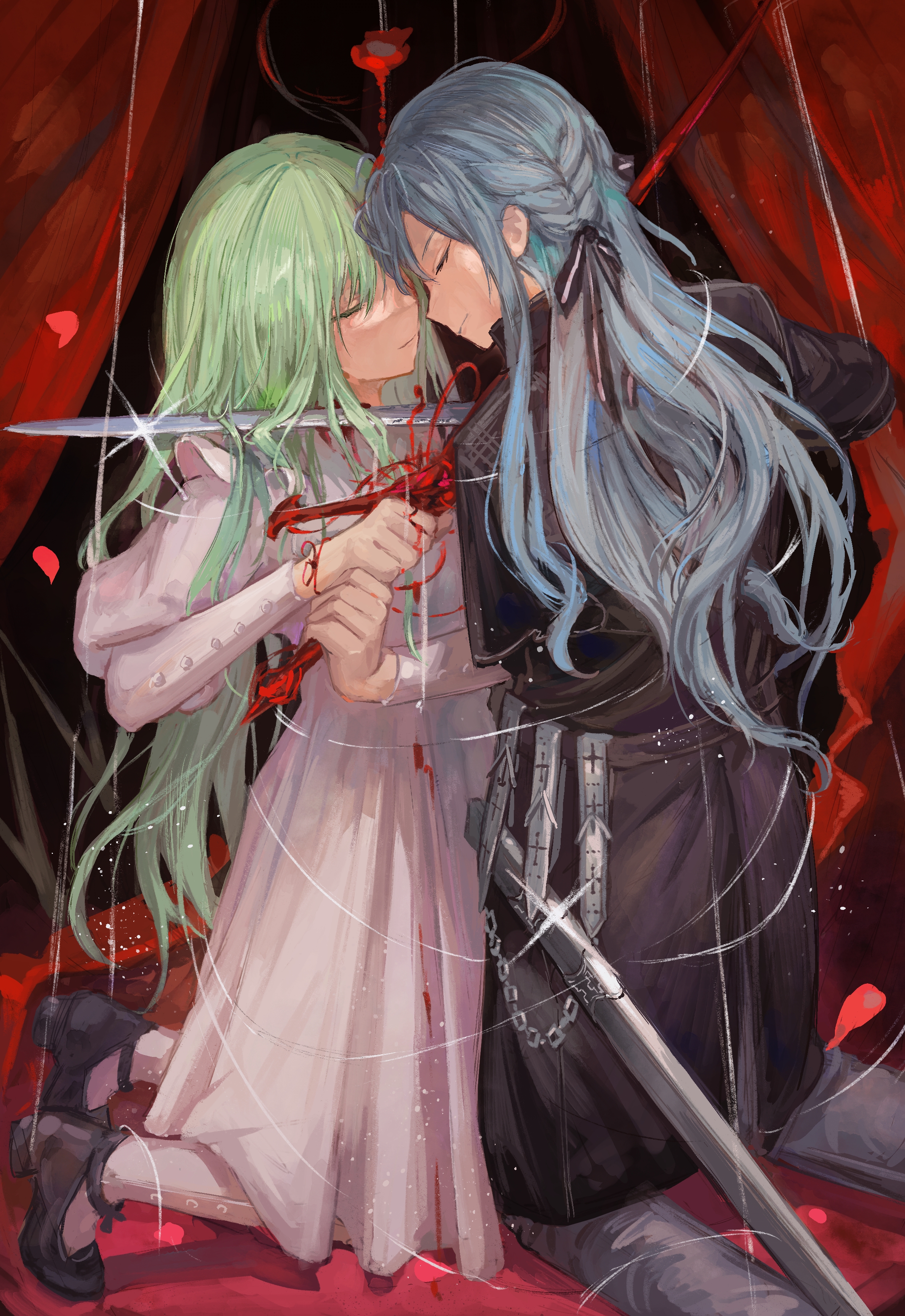 karenncat, togawa sakiko, wakaba mutsumi, bang dream!, bang dream! it's mygo!!!!!, absurdres, chinese commentary, commentary request, commission, highres, second-party source, 2girls, black dress, black ribbon, black shoes, bleeding, blood, blue hair, closed eyes, closed mouth, curtains, dress, face-to-face, facing another, falling petals, green hair, hair ribbon, holding, holding sword, holding weapon, juliet sleeves, kneeling, long hair, long sleeves, multiple girls, petals, puffy sleeves, ribbon, shoes, sidelocks, sparkle, sword, sword to throat, two side up, weapon, white dress