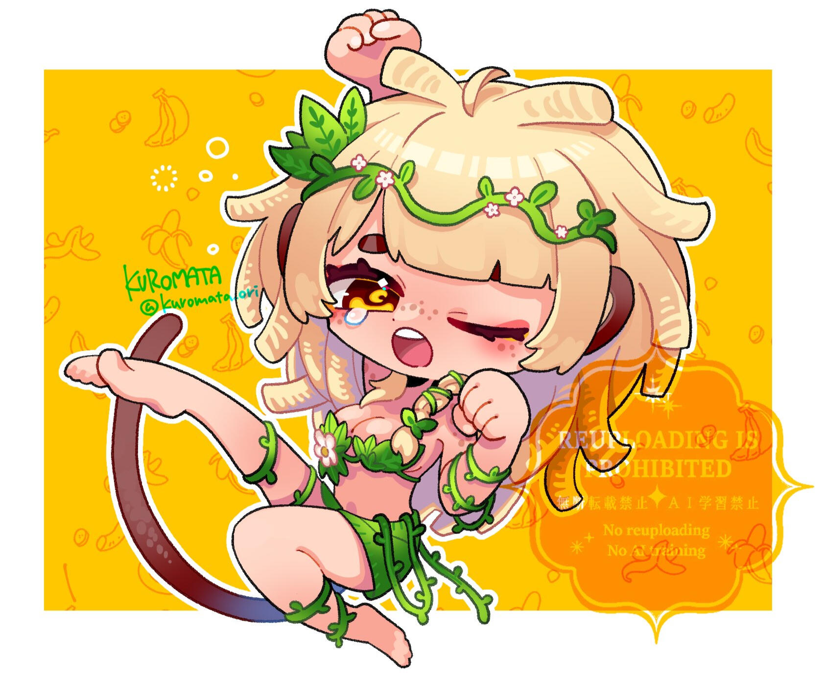 kuromata, bananajuju, indie virtual youtuber, highres, 1girl, animal ears, artist name, blonde hair, brown eyes, brown tail, clenched hands, dreadlocks, english text, hair ornament, leaf bra, leaf hair ornament, long hair, looking at viewer, monkey ears, monkey girl, monkey tail, one eye closed, open mouth, plant, plant clothing, solo, stretching, tail, teeth, upper teeth only, vines, virtual youtuber, watermark, yawning