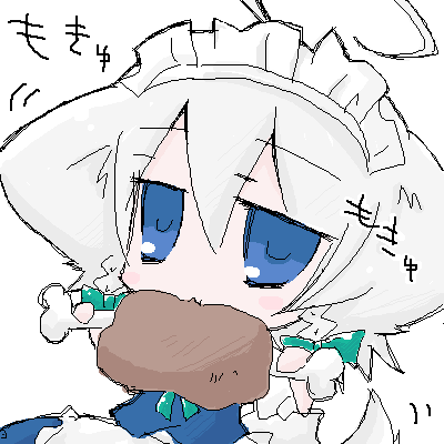 nejikirio, inu sakuya (nejikirio), izayoi sakuya, touhou, silver hair, lowres, 1girl, ahoge, animal ears, boned meat, braid, dog ears, dog tail, female focus, food, meat, short hair, solo, tail, twin braids