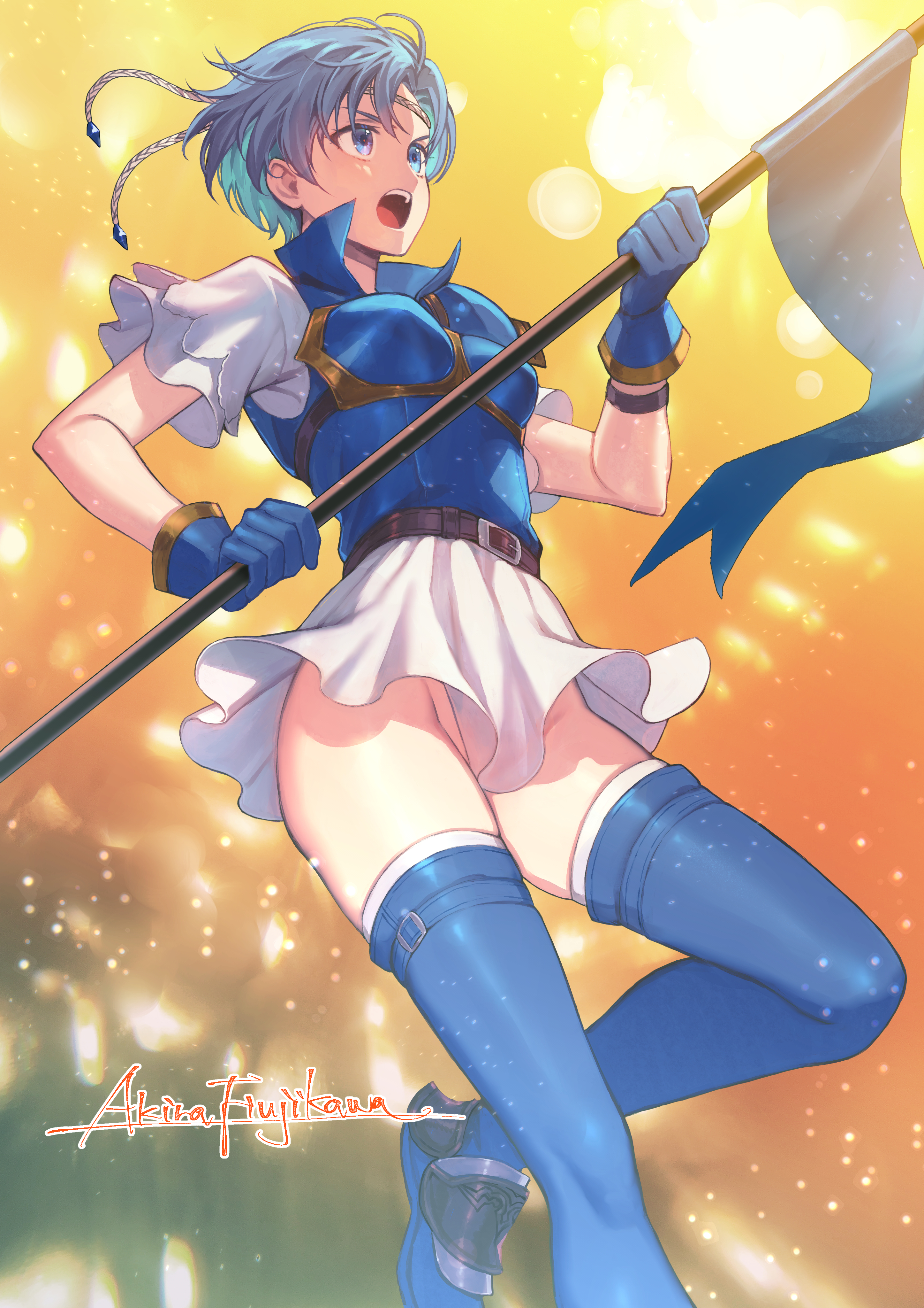 fujikawa akira, shanna (fire emblem), fire emblem, fire emblem: the binding blade, nintendo, absurdres, commission, highres, non-web source, tagme, 1girl, blue eyes, blue hair, gloves, headband, holding, no panties, open mouth, skirt, thighhighs, zettai ryouiki