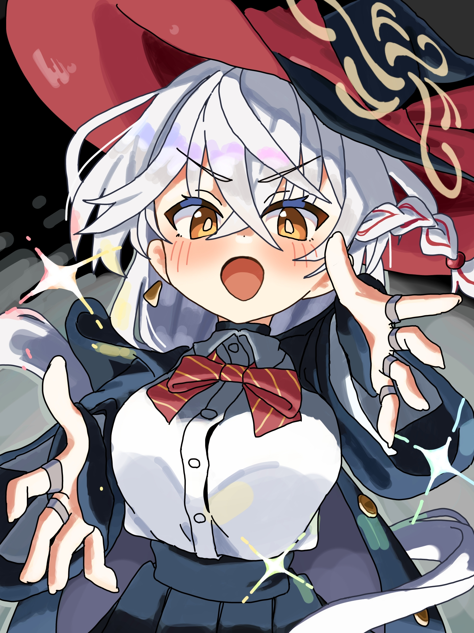eri (blue archive), blue archive, blush stickers, bow, bowtie, braid, earrings, halo, hat, jacket, jewelry, long coat, long hair, open mouth, orange eyes, ring, shirt, skirt, sparkle, sweater, white hair, witch hat