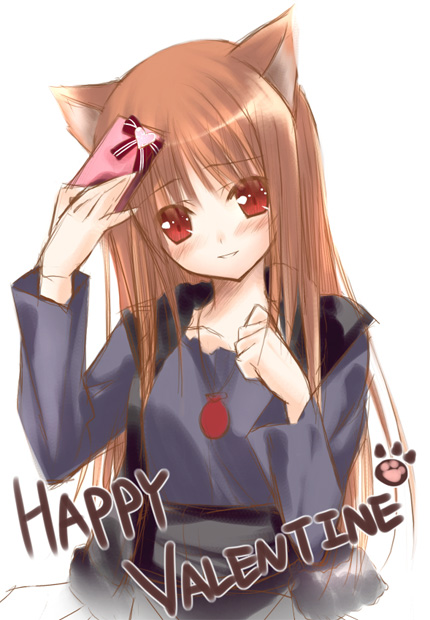 zinno, holo, spice and wolf, 00s, 1girl, animal ears, female focus, gift, happy valentine, holding, holding gift, incoming gift, solo, valentine, wolf ears