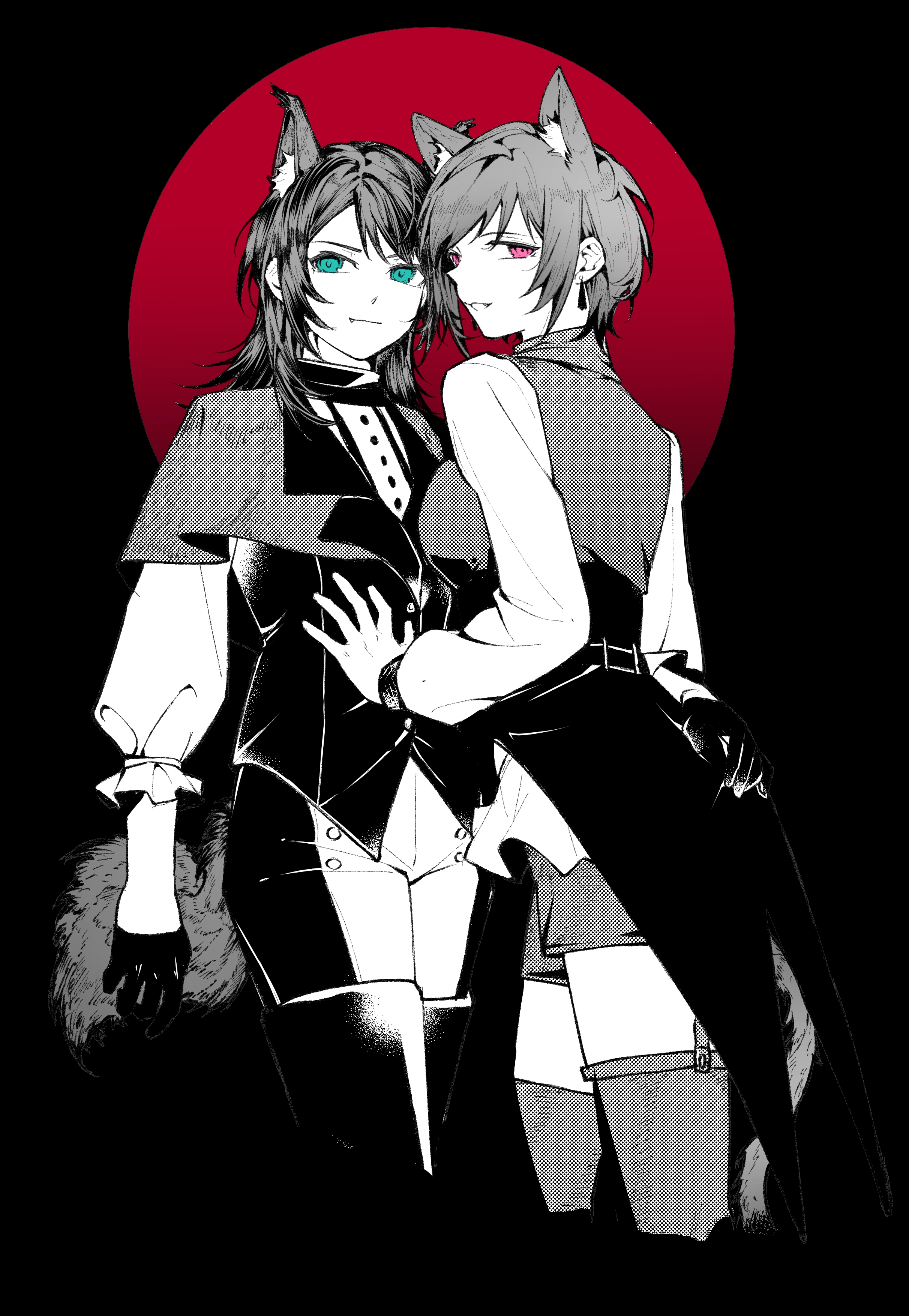 amoris (bang dream!), timoris (bang dream!), yahata umiri, yuutenji nyamu, bang dream!, bang dream! it's mygo!!!!!, absurdres, chinese commentary, commentary request, highres, 2girls, black background, blue eyes, capelet, gloves, hiotia, kemonomimi mode, looking at viewer, medium hair, monochrome, multiple girls, puffy sleeves, shirt, short hair, shorts, smile, spot color, standing, tail, thighhighs