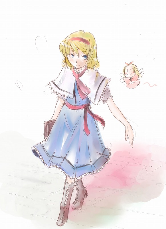 ogu, alice margatroid, shanghai doll, touhou, 1girl, belt, blonde hair, blue dress, blue eyes, book, boots, brown boots, capelet, closed mouth, doll, dress, expressionless, female focus, full body, grimoire, grimoire of alice, hairband, knee boots, looking at viewer, necktie, red eyes, red necktie, short hair, size difference, solo, walking