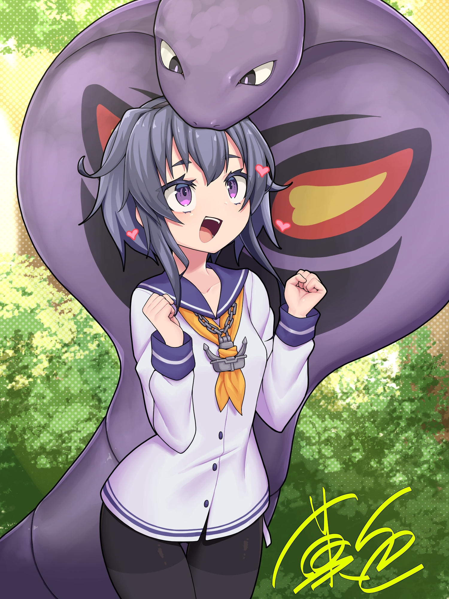 kashiki main, arbok, tokitsukaze (kancolle), kantai collection, nintendo, pokemon, commission, highres, skeb commission, 1girl, black eyes, black pantyhose, bush, clenched hands, crossover, day, dress, forest, gen 1 pokemon, heart, long sleeves, nature, neckerchief, open mouth, orange neckerchief, outdoors, pantyhose, pokemon (creature), purple eyes, sailor dress, short dress, short hair with long locks, signature, white dress