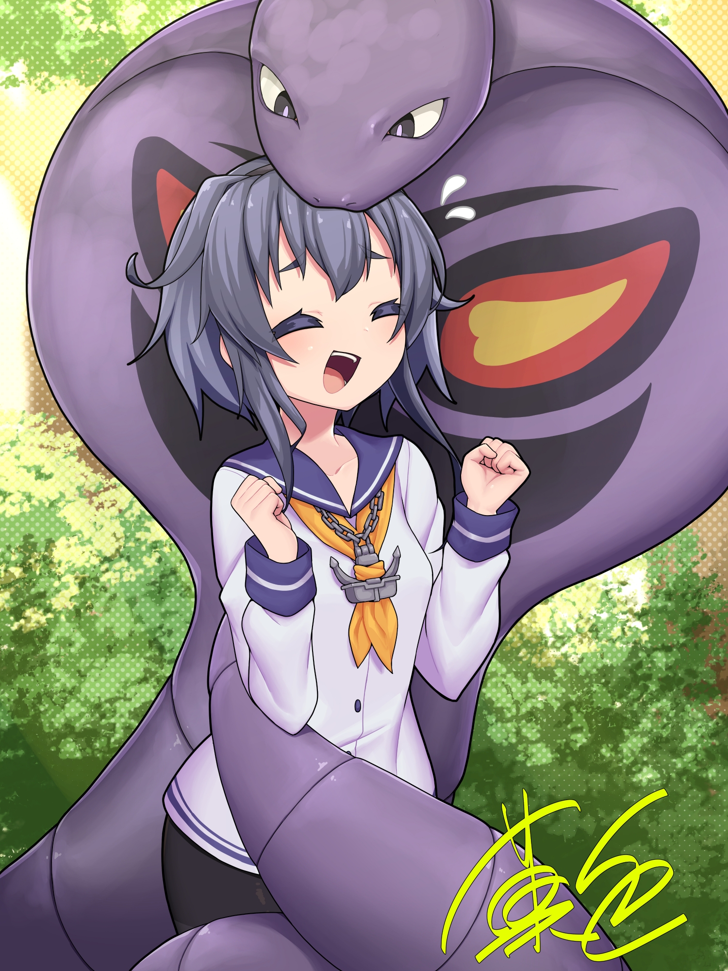 kashiki main, arbok, tokitsukaze (kancolle), kantai collection, nintendo, pokemon, commission, highres, skeb commission, 1girl, black eyes, black pantyhose, bush, clenched hands, closed eyes, constriction, crossover, day, dress, flying sweatdrops, forest, gen 1 pokemon, long sleeves, nature, neckerchief, open mouth, orange neckerchief, outdoors, pantyhose, pokemon (creature), sailor collar, sailor dress, short dress, short hair with long locks, signature, white dress