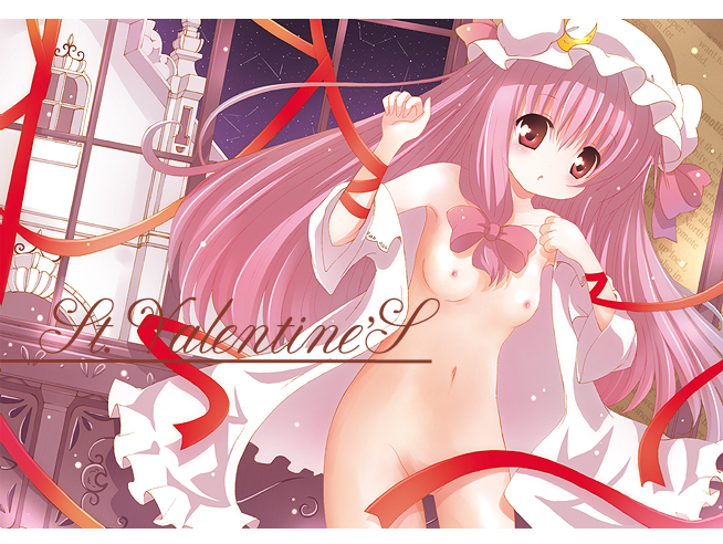 catbell, patchouli knowledge, touhou, 1girl, blush, bow, breasts, censored, convenient censoring, female focus, hair ribbon, hat, long hair, naked robe, nipples, nude, pink bow, purple hair, red eyes, ribbon, robe, small breasts, solo, valentine