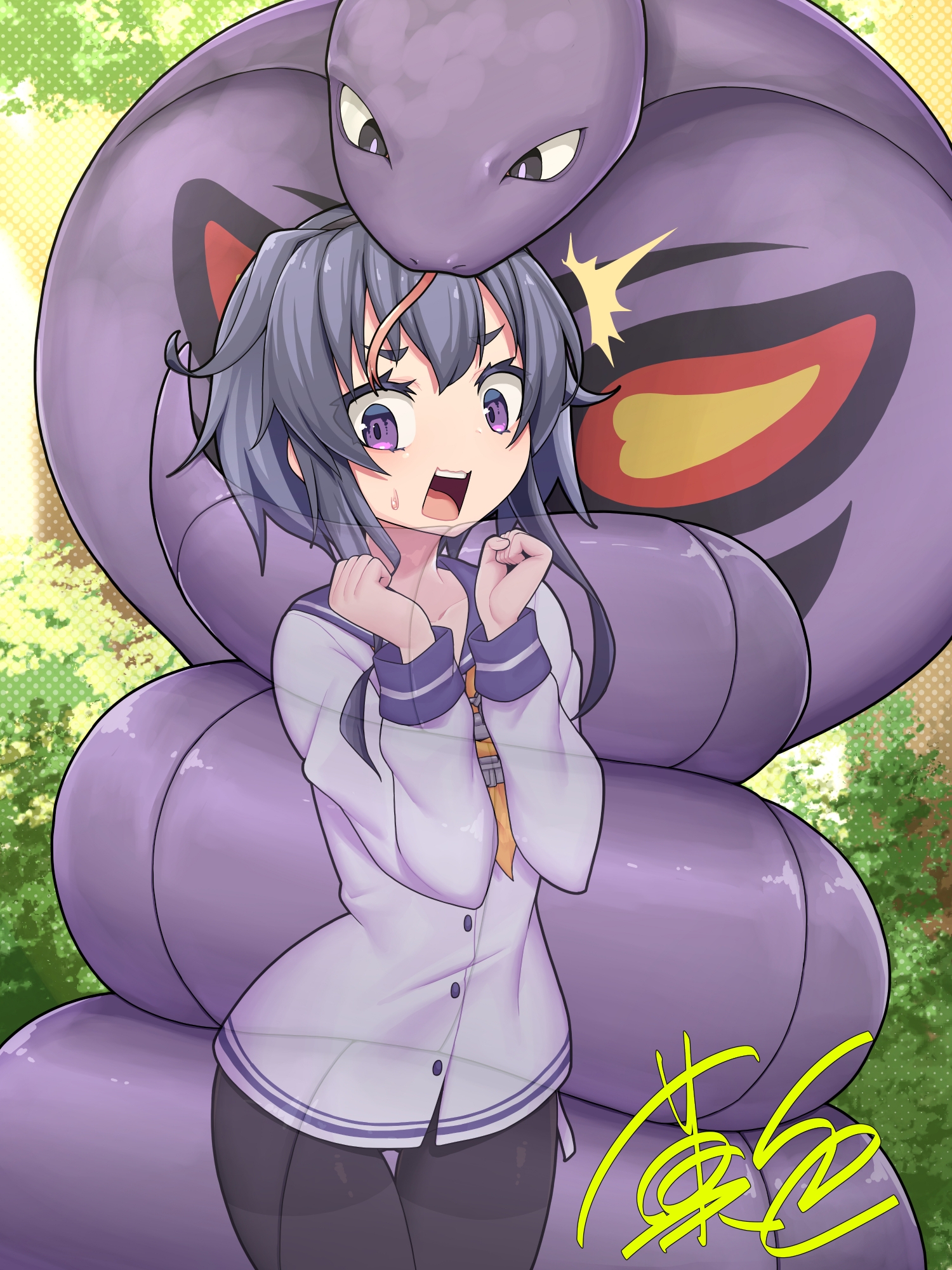 kashiki main, arbok, tokitsukaze (kancolle), kantai collection, nintendo, pokemon, commission, highres, skeb commission, 1girl, black eyes, black pantyhose, bush, clenched hands, constriction, crossover, day, dress, forest, forked tongue, gen 1 pokemon, long sleeves, nature, neckerchief, open mouth, orange neckerchief, outdoors, pantyhose, pokemon (creature), purple eyes, sailor collar, sailor dress, short dress, short hair with long locks, signature, sweat, tongue, white dress