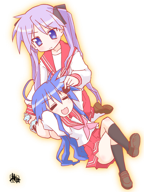 kairakuen umenoka, hiiragi kagami, izumi konata, lucky star, 00s, 2girls, :d, ^ ^, ahoge, black socks, blue eyes, closed eyes, from above, full body, kneehighs, loafers, long hair, long sleeves, miniskirt, mole, mole under eye, multiple girls, open mouth, pink hair, pleated skirt, red skirt, sailor collar, school uniform, serafuku, shoes, skirt, sleeping, smile, socks, twintails, very long hair
