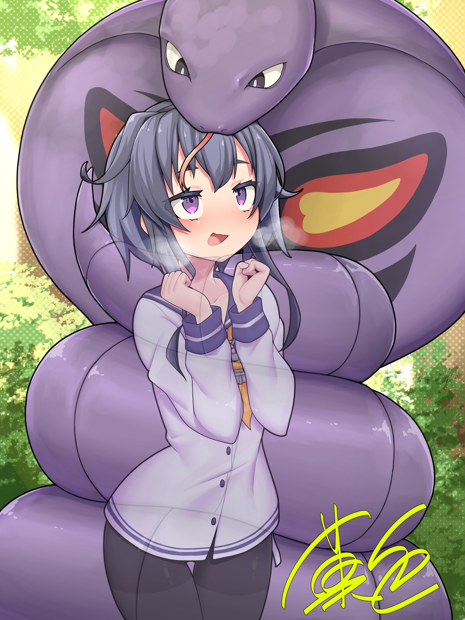 kashiki main, arbok, tokitsukaze (kancolle), kantai collection, nintendo, pokemon, commission, highres, non-web source, skeb commission, 1girl, aroused, black eyes, black pantyhose, blush, breath, bush, clenched hands, constriction, crossover, day, dress, forest, forked tongue, gen 1 pokemon, long sleeves, nature, neckerchief, nose blush, open mouth, orange neckerchief, outdoors, pantyhose, pokemon (creature), purple eyes, sailor dress, short dress, short hair with long locks, signature, tongue, white dress