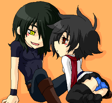 allelujah haptism, hallelujah haptism, setsuna f. seiei, gundam, gundam 00, black footwear, brown footwear, lowres, 00s, 1boy, 1girl, black hair, black pants, black thighhighs, blue panties, blush stickers, boots, genderswap, genderswap (mtf), hair over one eye, looking at another, oekaki, orange background, panties, pants, red eyes, red scarf, scarf, shirt, shoes, short sleeves, simple background, sitting, skirt, taut clothes, taut shirt, thighhighs, underwear, white skirt, wrist cuffs, yellow eyes